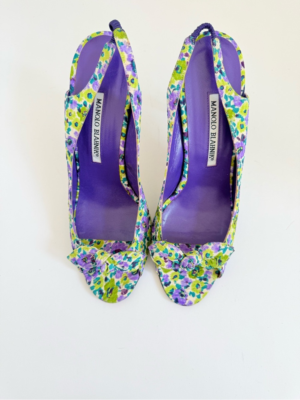 Vintage Manolo Blahnik Orungo Floral Bow Slingback Heels Purple Green 39